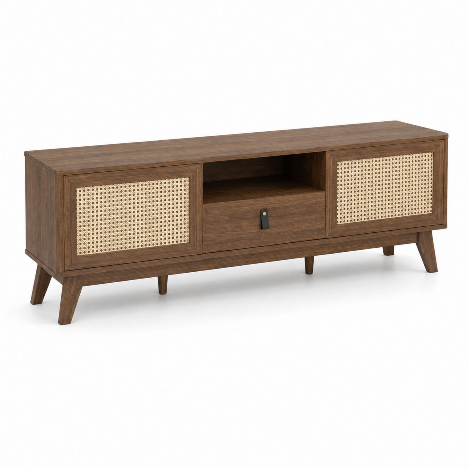 Meuble TV en Bois avec Portes en Rotin 160 cm Marron