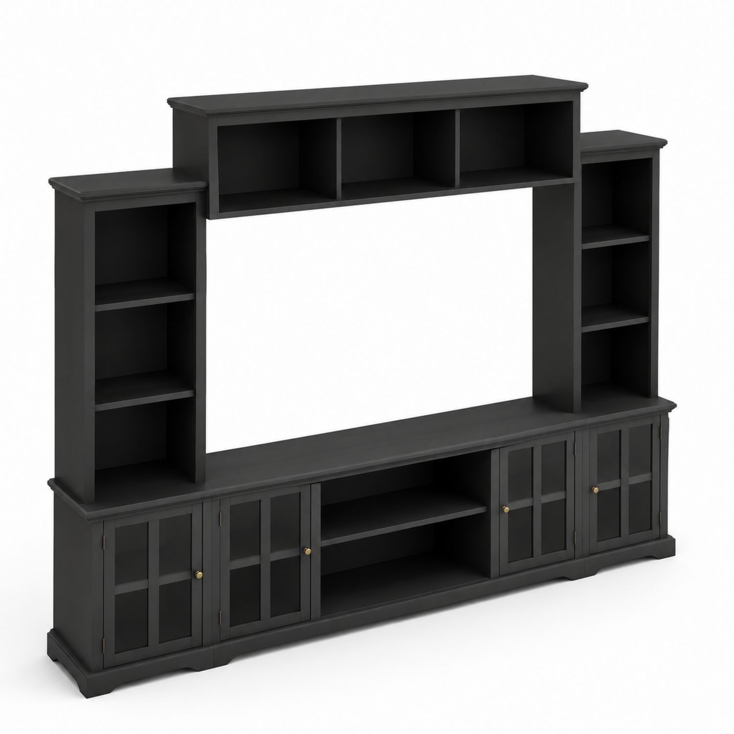 Meuble TV multimédia en bois avec étagères et portes vitrées Noir