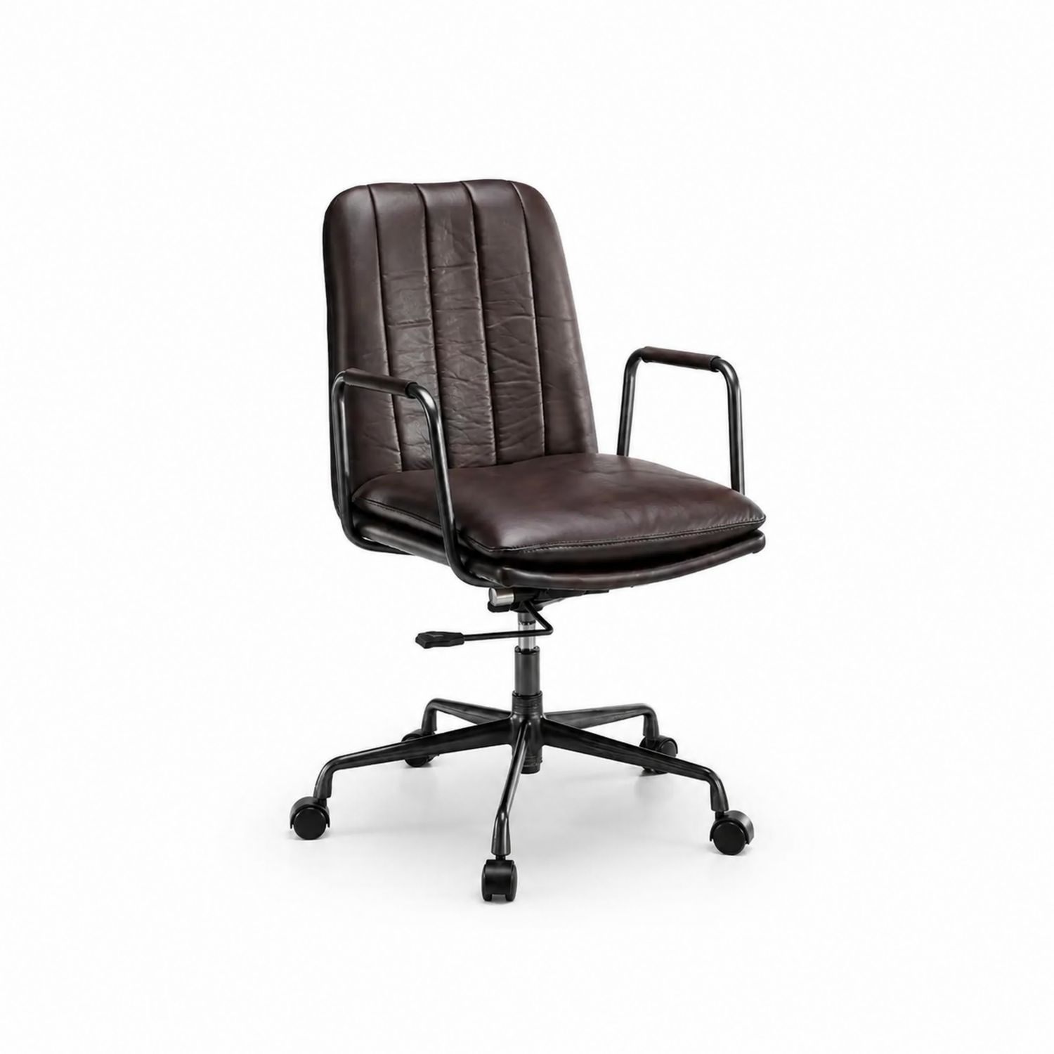 Chaise de bureau en cuir synthétique marron avec accoudoirs en acier