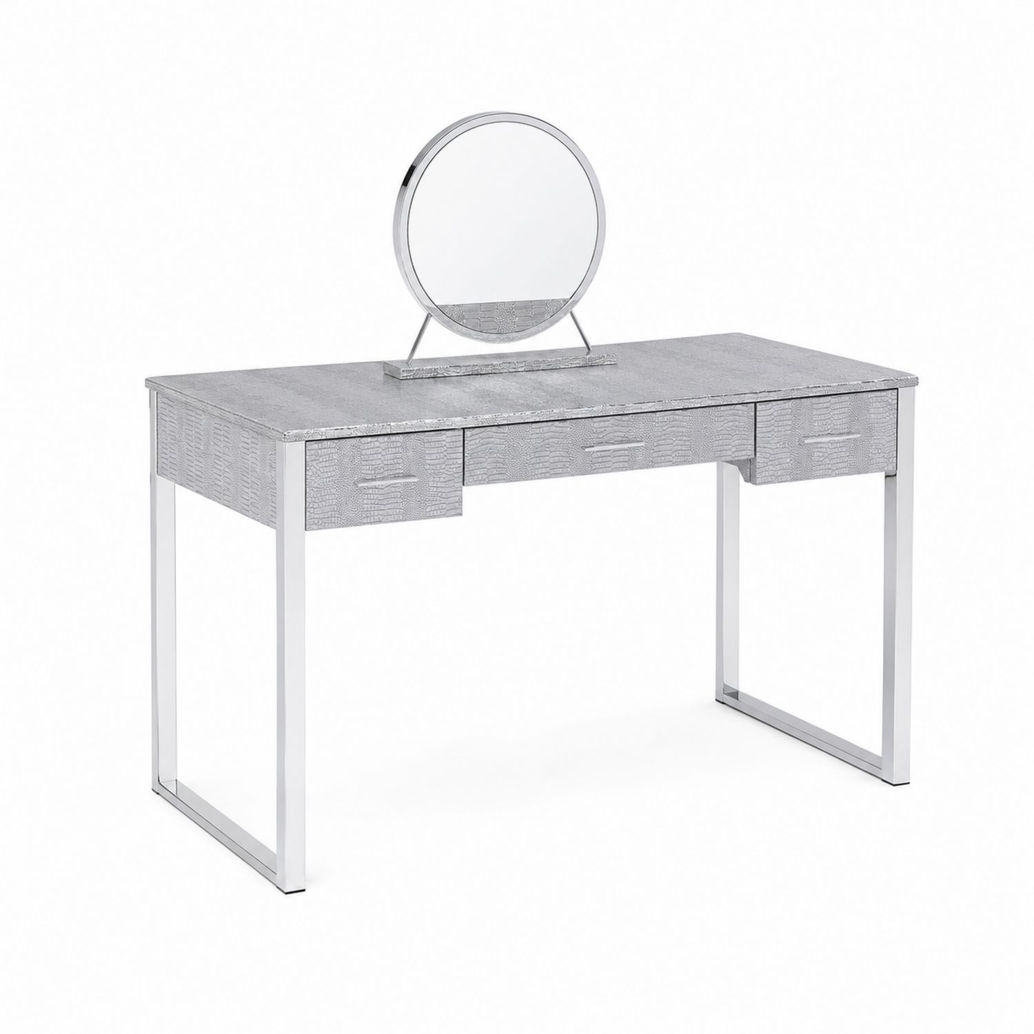 Coiffeuse en Bois et Métal avec Miroir Rond Gris