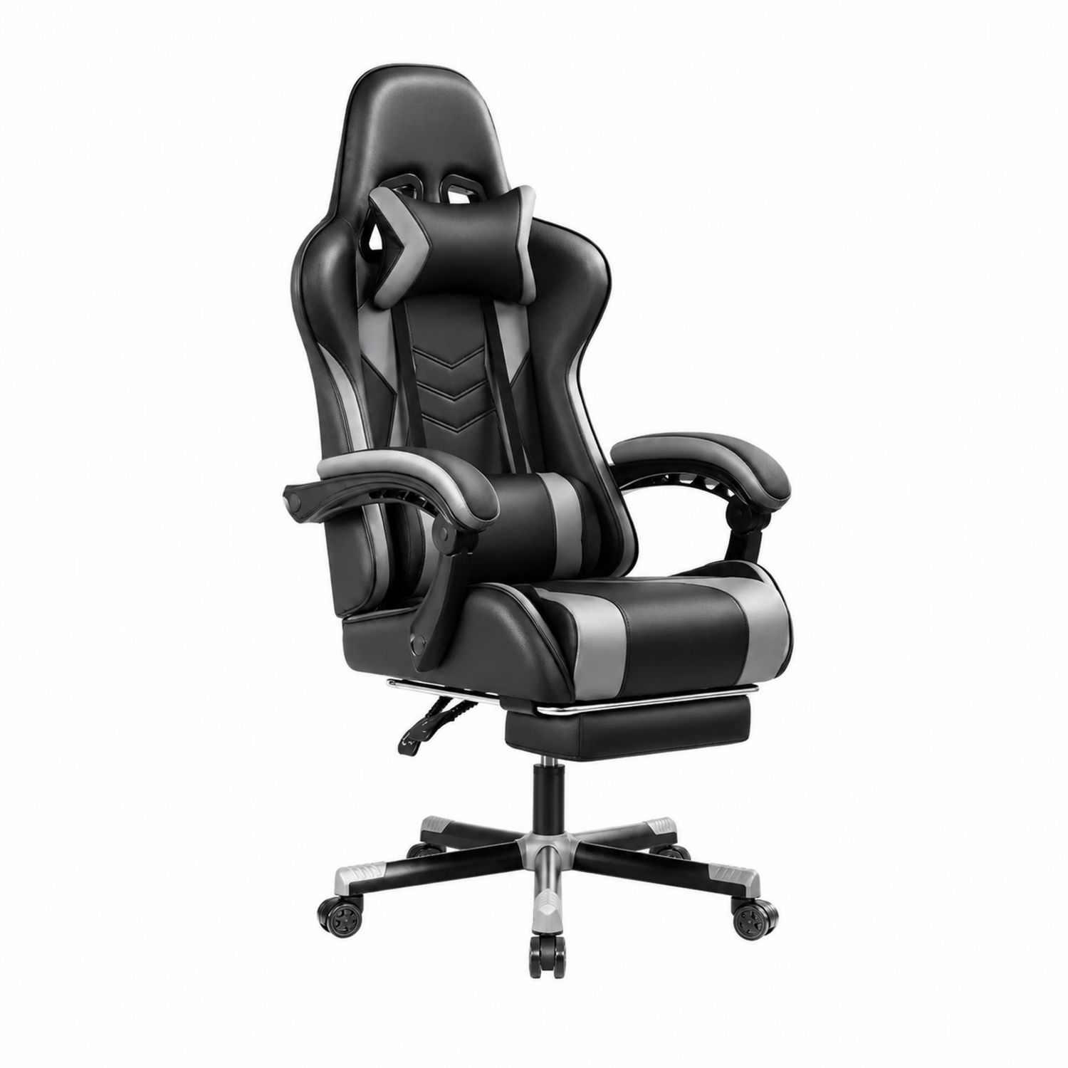 Chaise de jeu ergonomique en cuir PU noir et gris