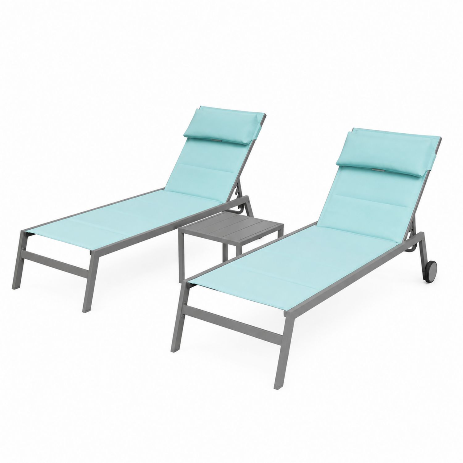 Set de 2 chaises longues en aluminium avec coussins en tissu turquoise