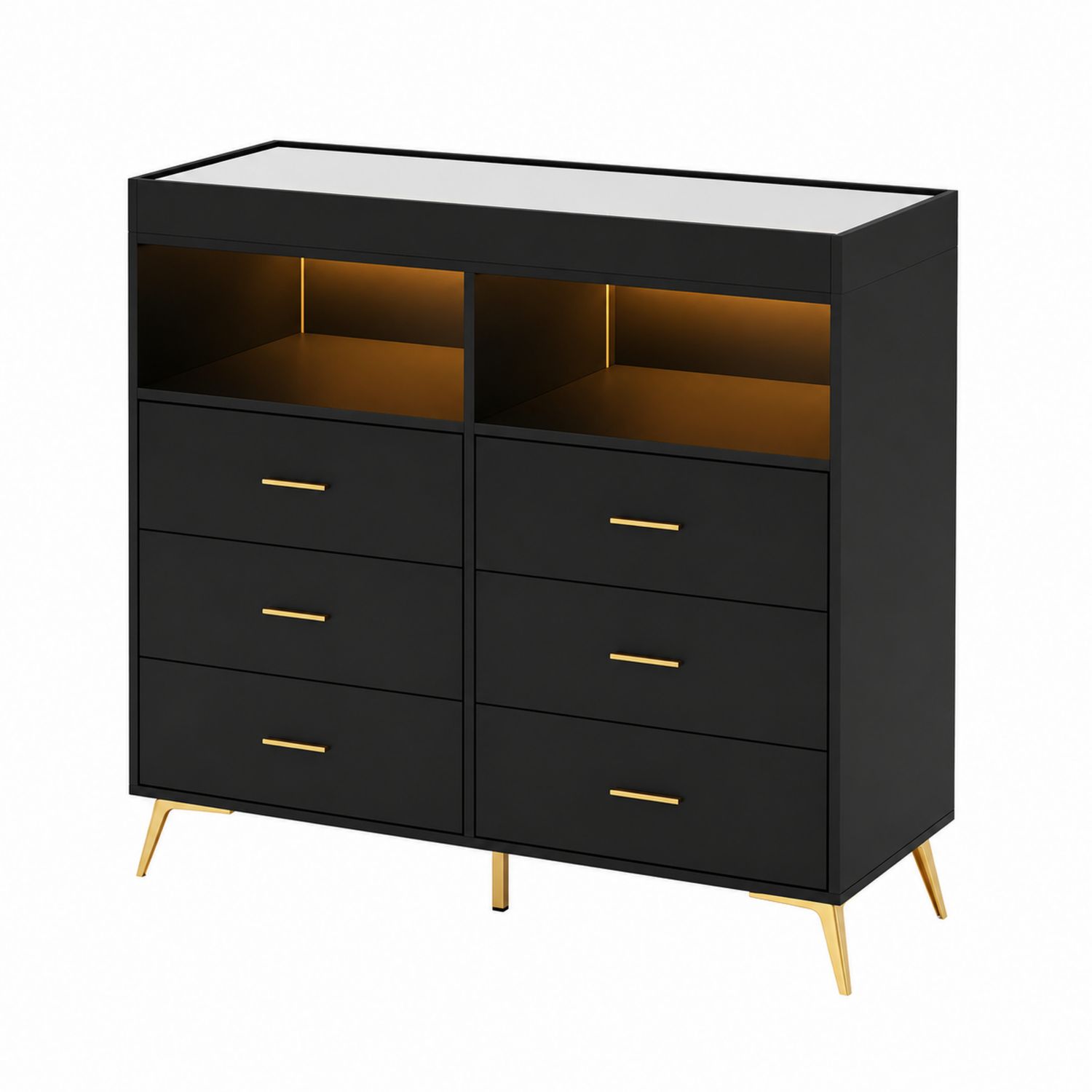Commode 6 tiroirs en bois et métal Noir/Or 120x40x100 cm