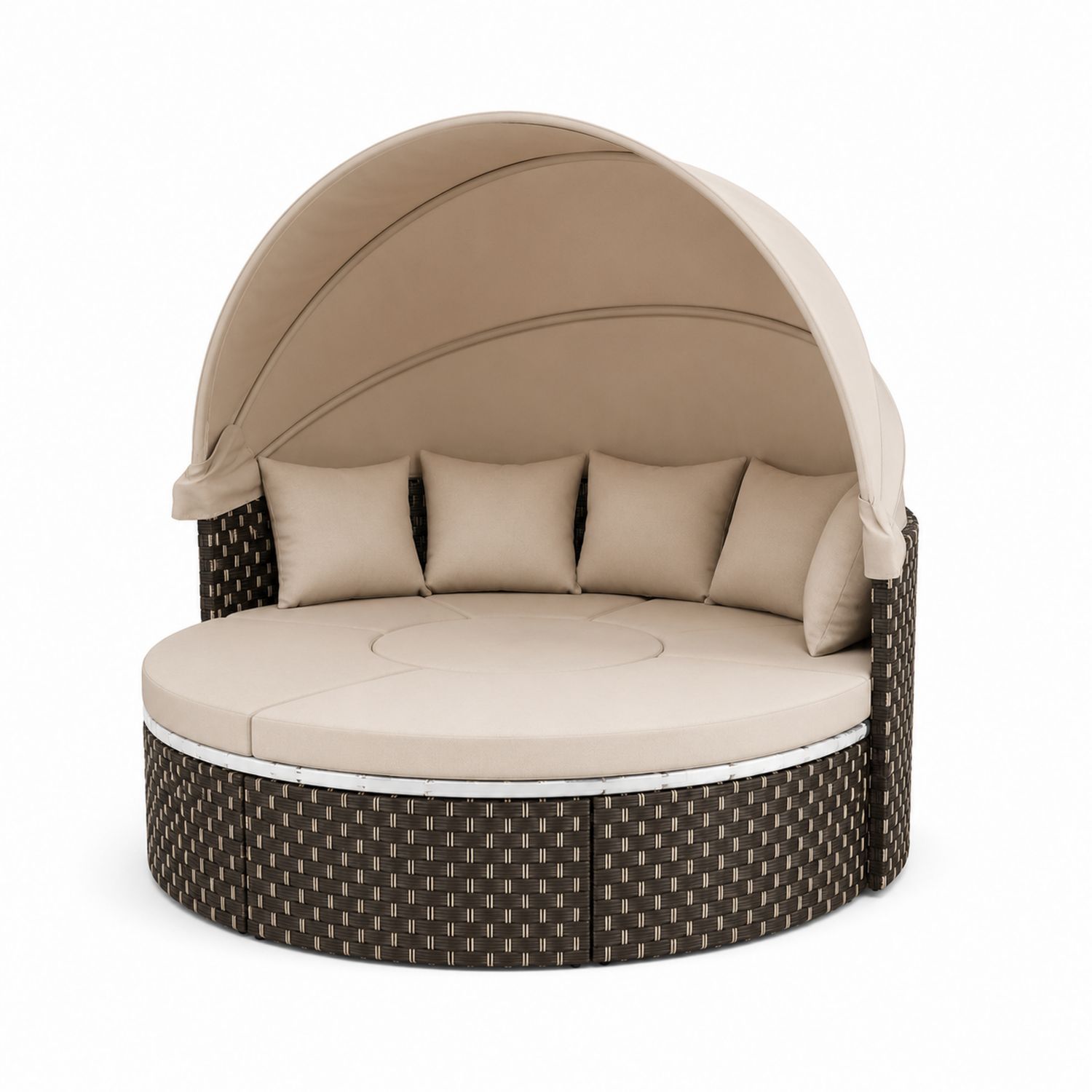 Canapé rond d'extérieur en résine tressée avec auvent et coussins en polyester 180 cm-Xeltrivare