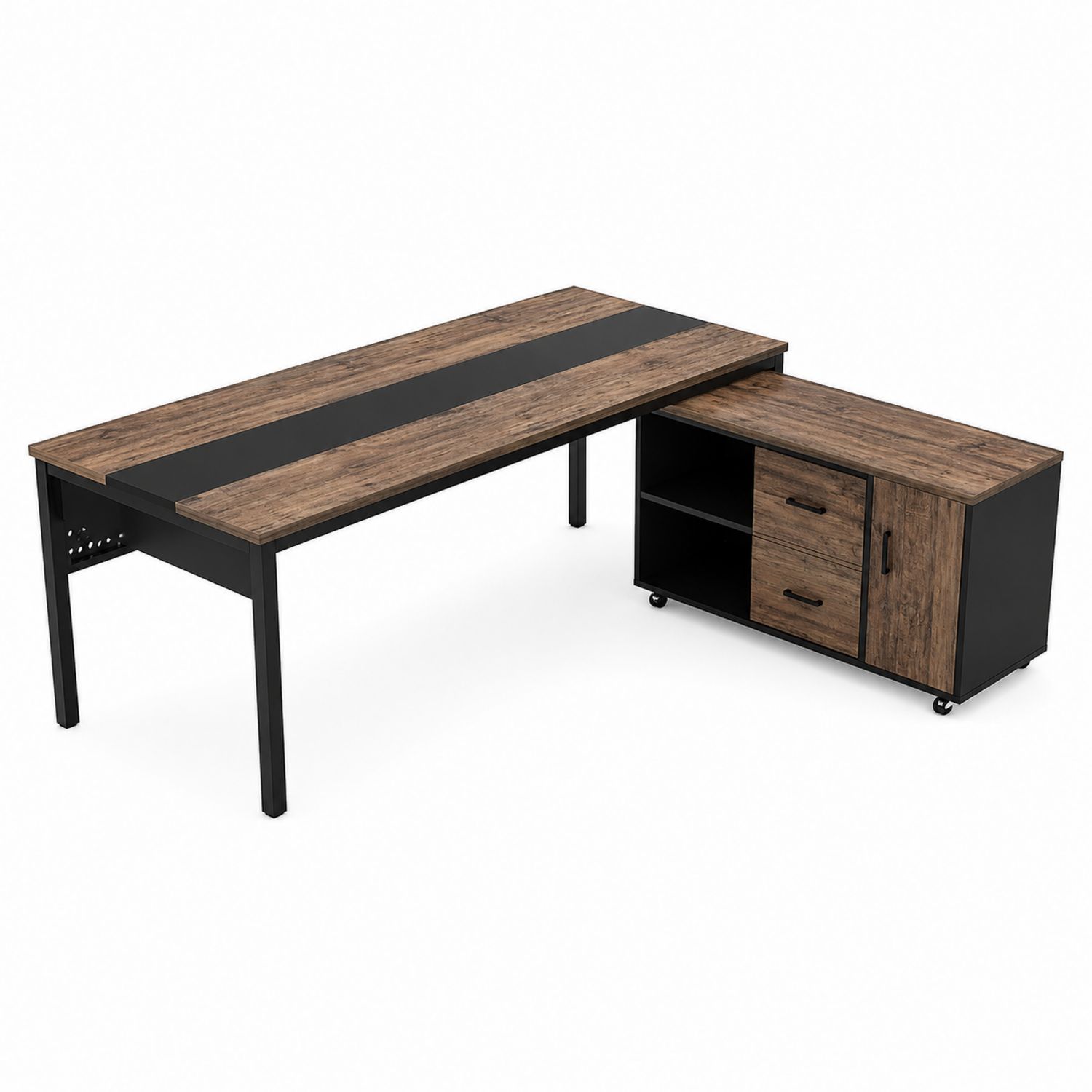 Bureau d'angle en bois et métal avec caisson intégré-Xeltrivare