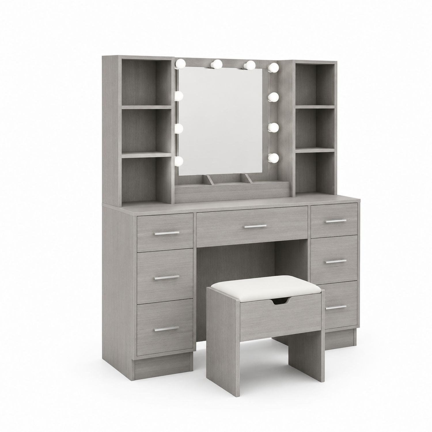 Coiffeuse en bois gris avec miroir éclairé et étagères-Xeltrivare
