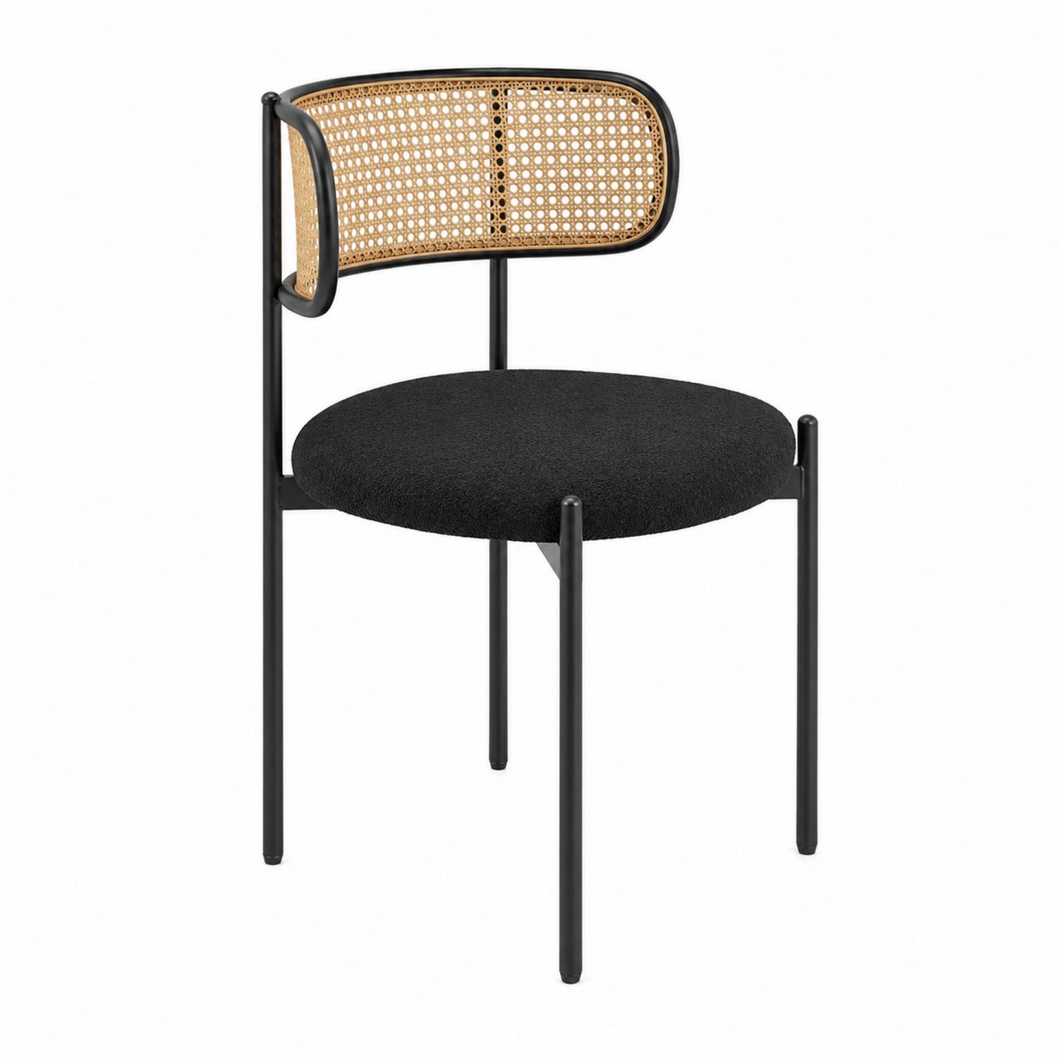 Chaise en métal avec assise en tissu noir et dossier en rotin-Xeltrivare