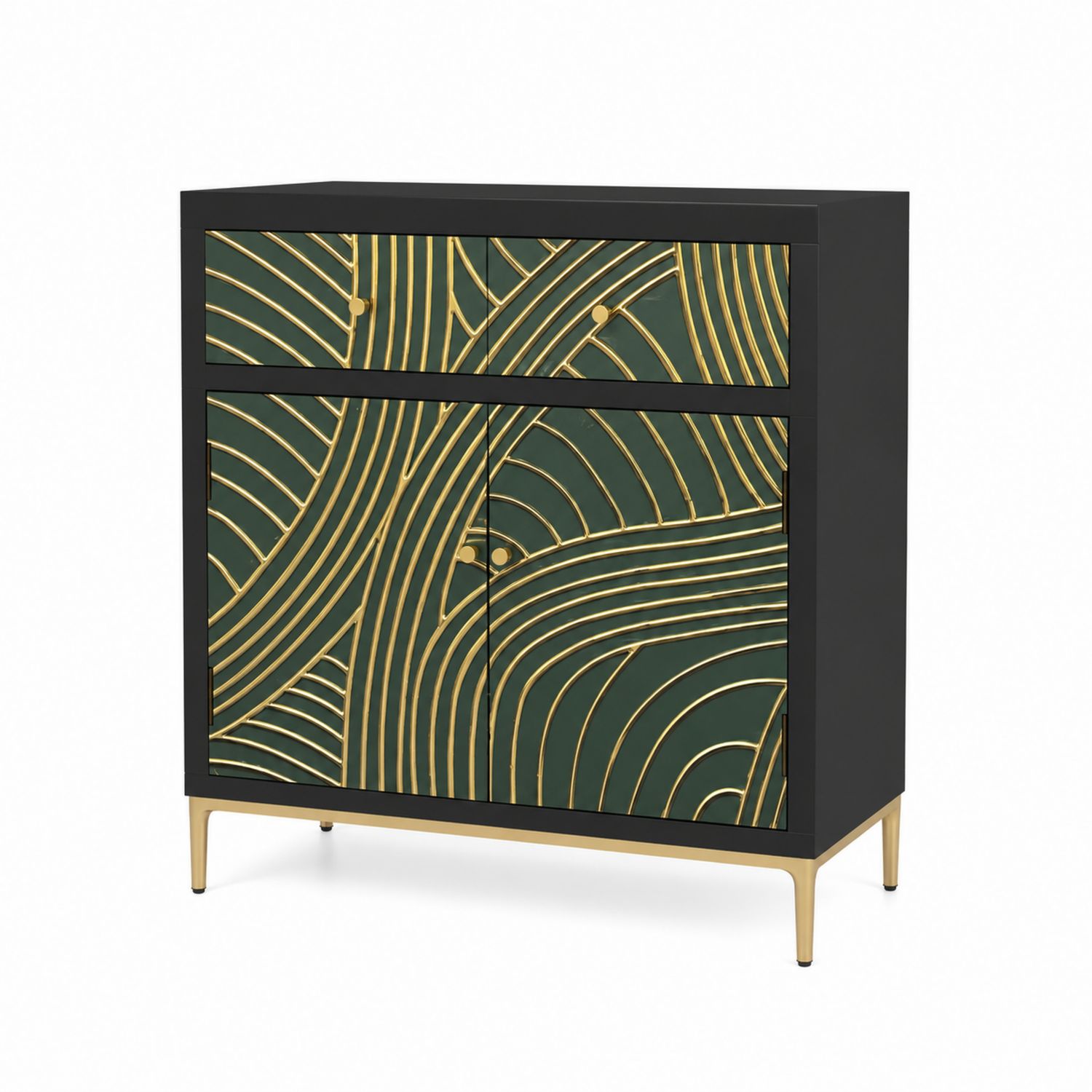 Buffet en bois et métal avec décor doré, 2 portes, 1 tiroir, Noir/Or-Xeltrivare