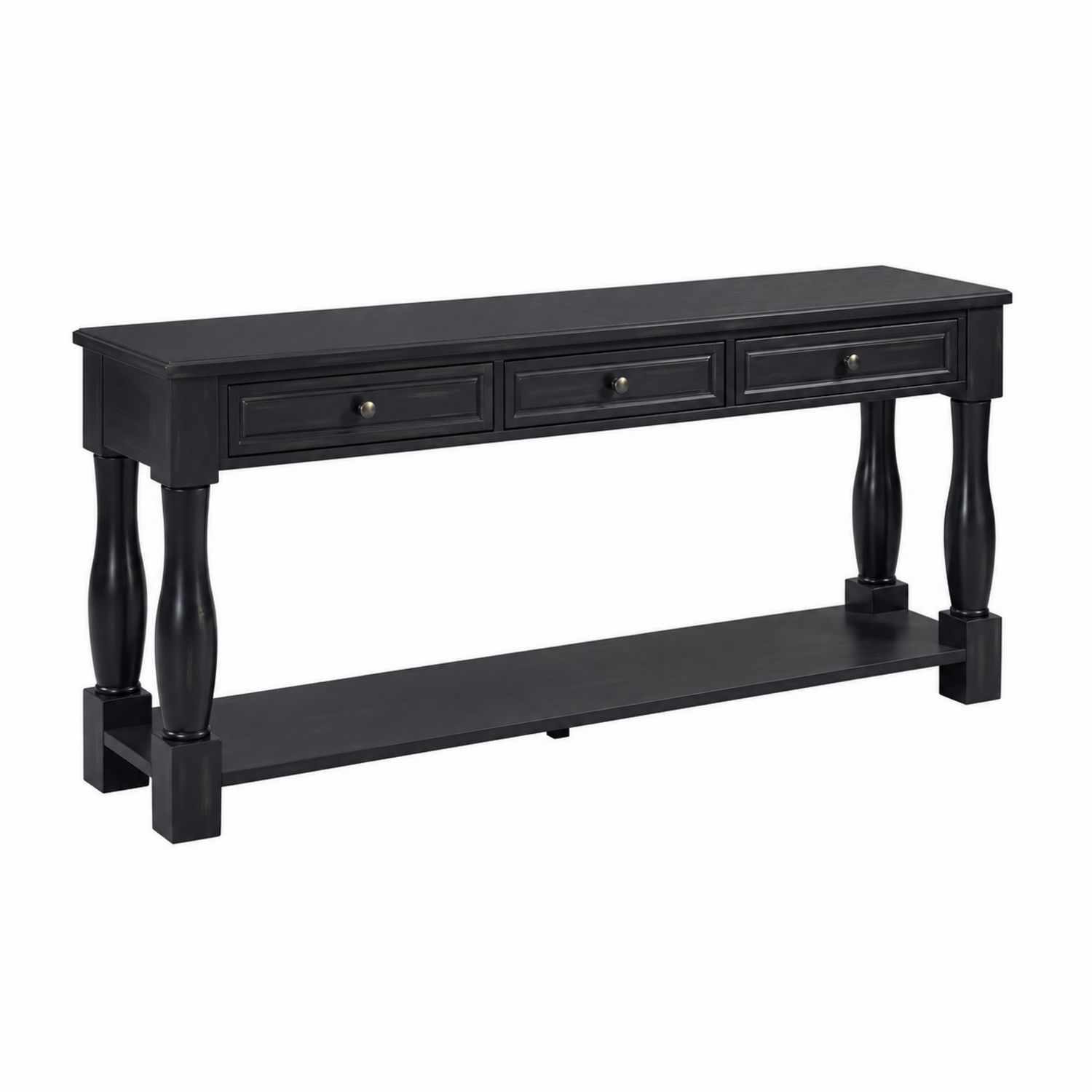 Table console en bois noir avec tiroirs et étagère 140x30x80 cm-Xeltrivare