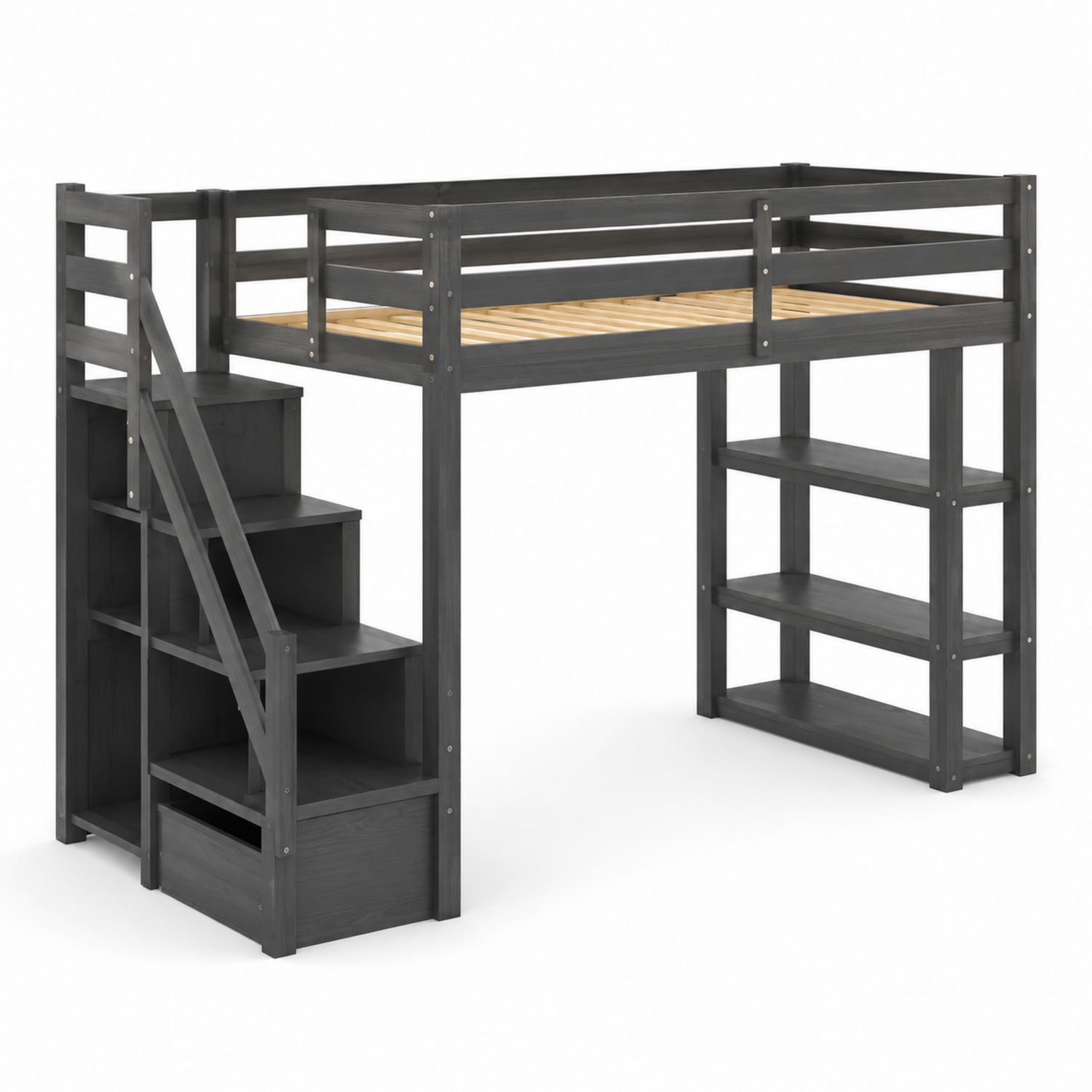 Lit mezzanine en bois avec rangement à escaliers 200x90 cm Gris-Xeltrivare