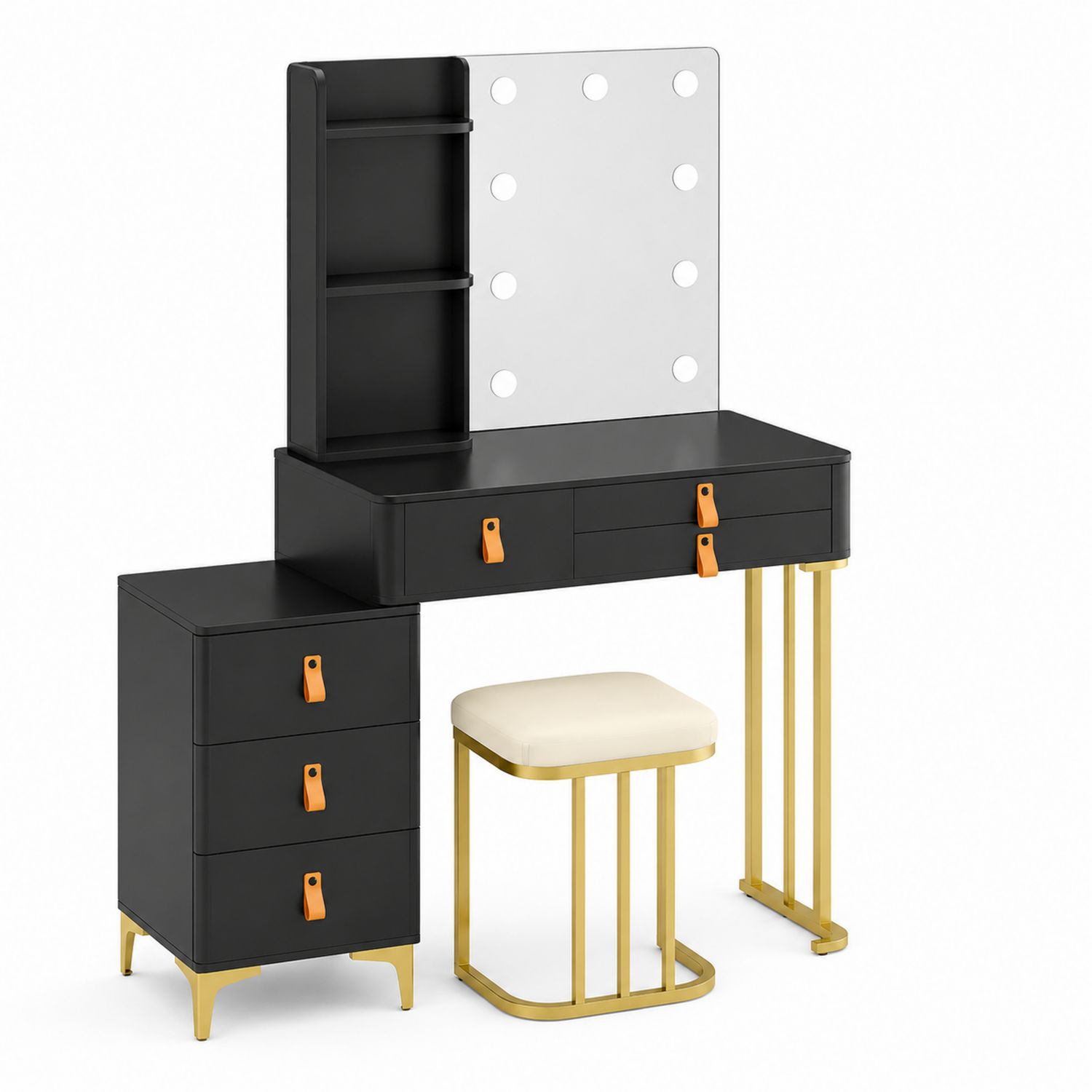 Coiffeuse en bois, miroir LED et tabouret-Xeltrivare