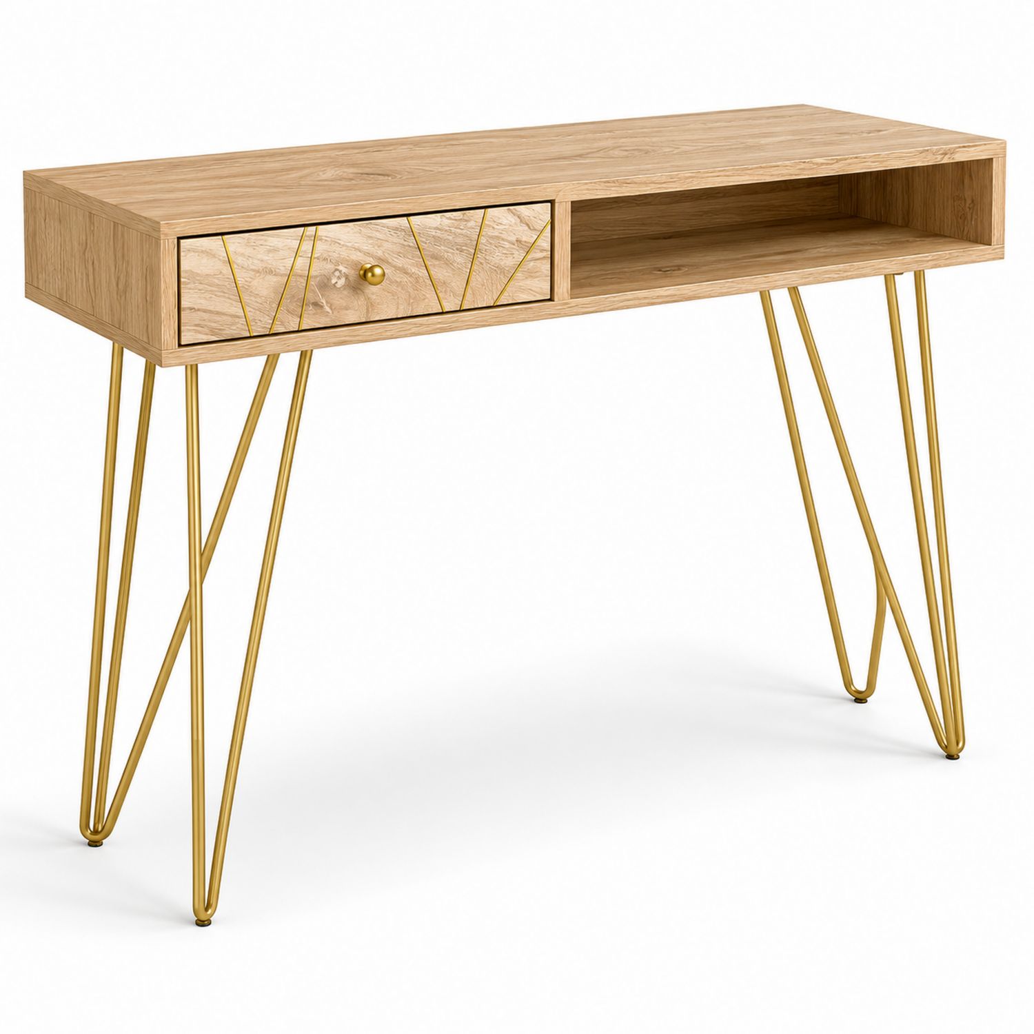 Bureau en Bois de Chêne avec Tiroir et Pieds en Métal Doré-Xeltrivare