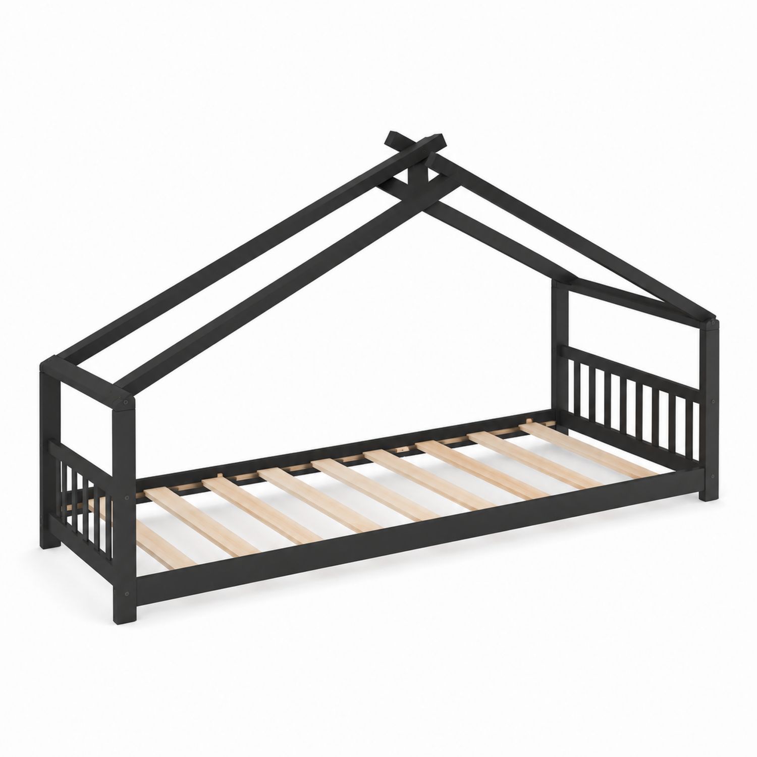 Lit enfant maison en bois et métal noir 90x200 cm-Xeltrivare