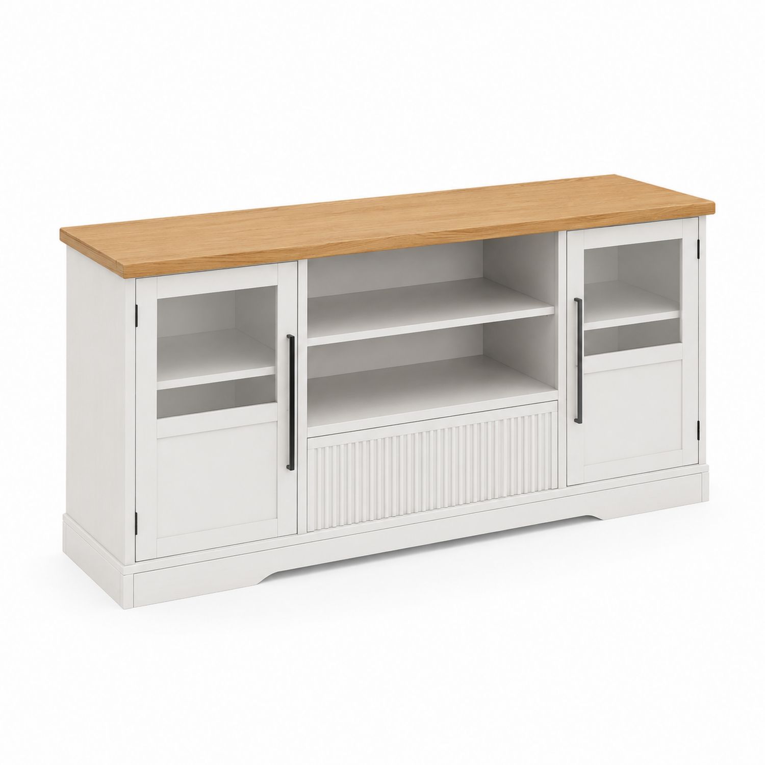 Meuble TV en MDF avec portes en verre 150 cm Blanc et Chêne-Xeltrivare