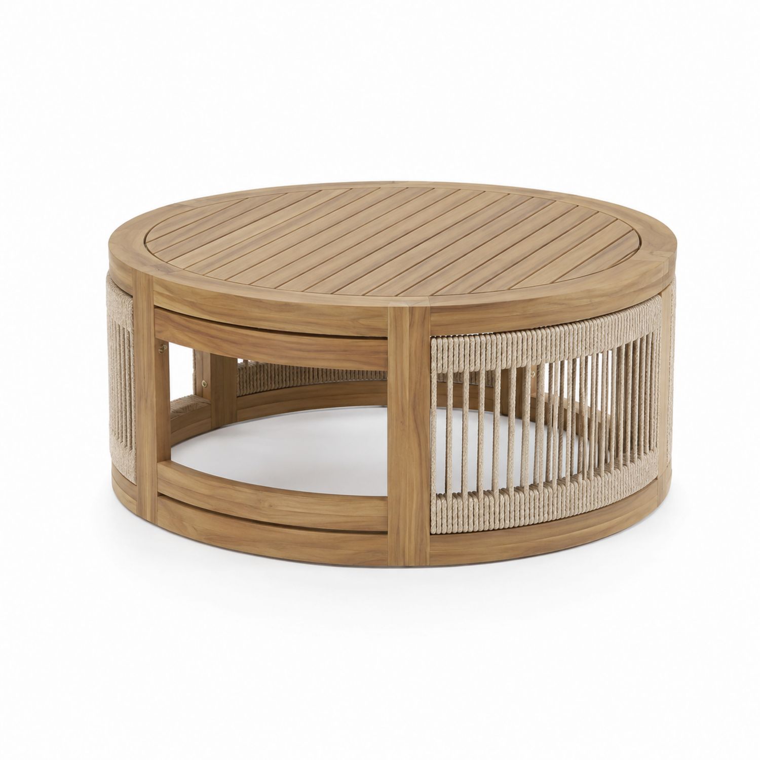 Table basse ronde en bois de teck et corde-Xeltrivare