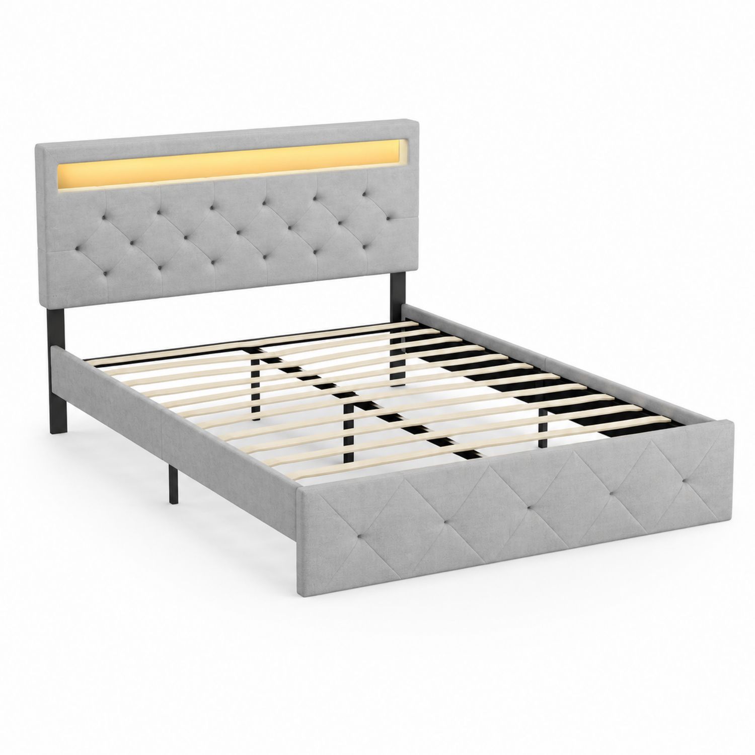 Lit double en tissu avec tête de lit rembourrée et éclairage LED, 200x160 cm, Gris-Xeltrivare