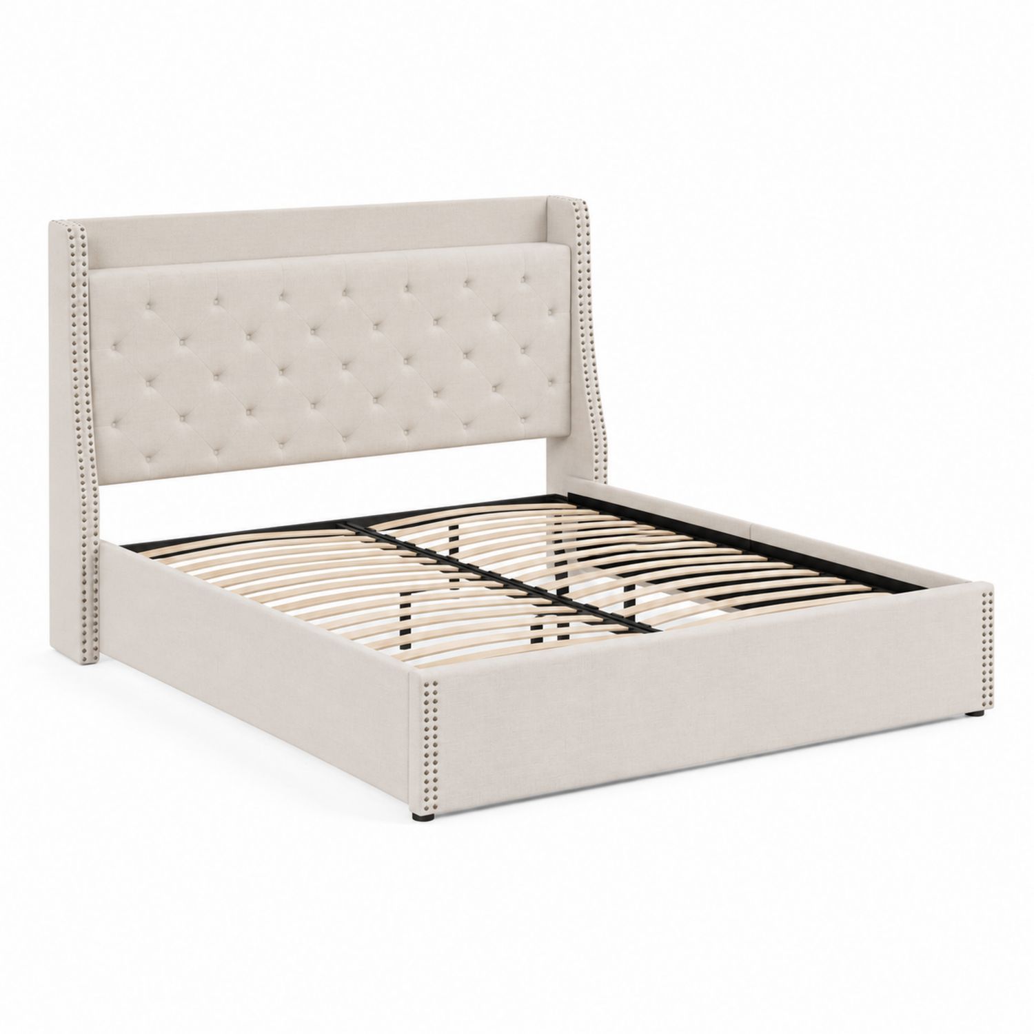 Lit double en bois et métal avec tête de lit en tissu 160x200 cm Beige-Xeltrivare