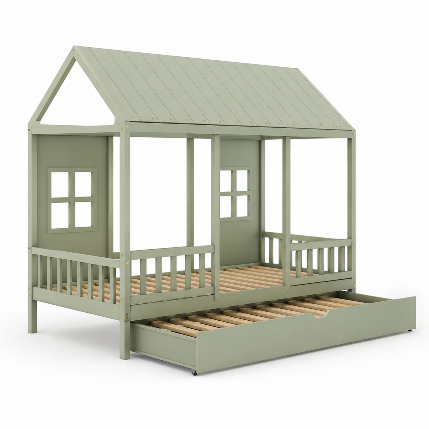 Lit cabane enfant en bois vert avec tiroir de rangement-Xeltrivare