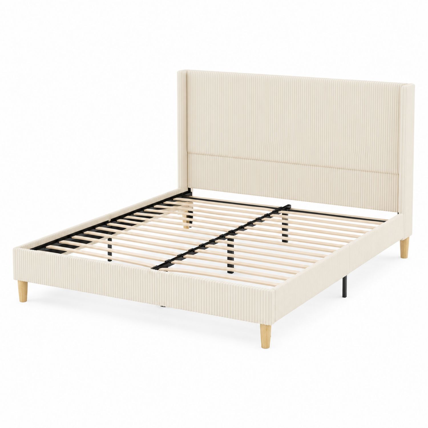 Lit double en bois et tissu beige 160x200 cm-Xeltrivare