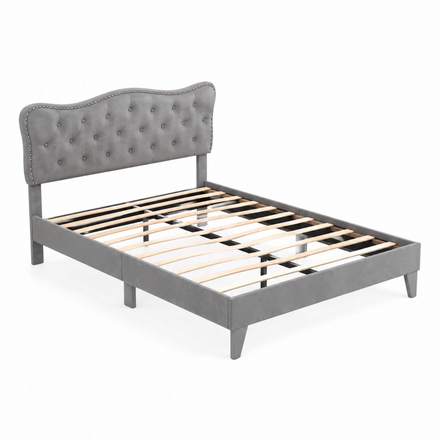 Lit double en velours gris avec tête de lit cloutée 160x200 cm-Xeltrivare