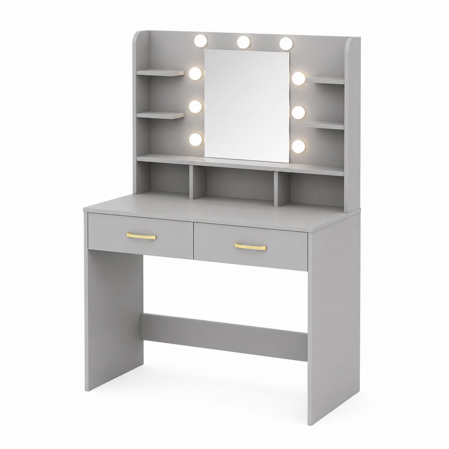 Coiffeuse en bois avec miroir LED et étagères Gris-Xeltrivare
