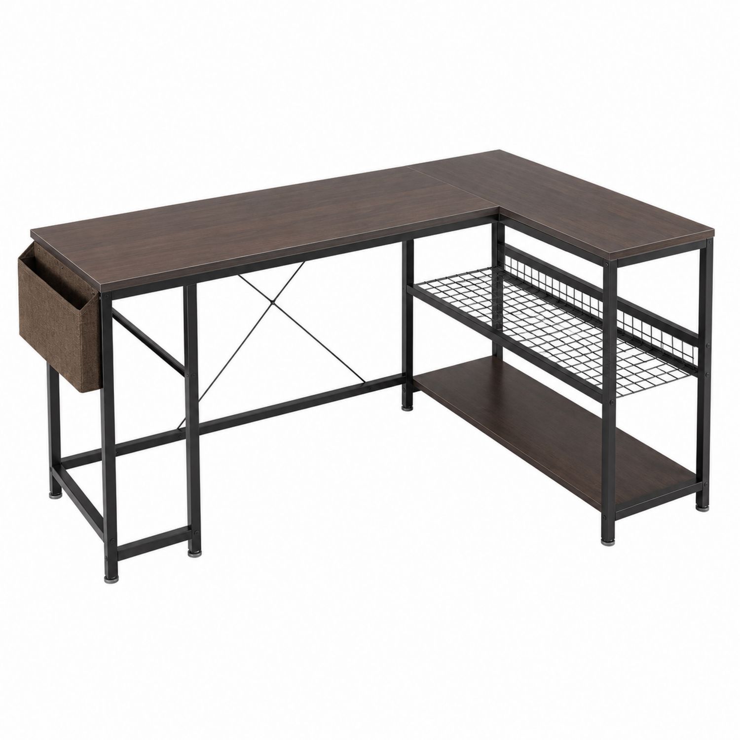 Bureau d'angle en L avec étagères en métal et MDF, Marron Foncé-Xeltrivare