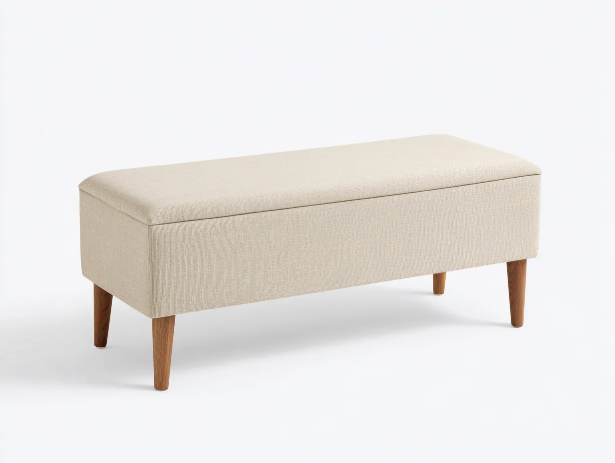 Bank Stauraum 145x45x47 cm - beige mit Holzbeinen - gepolstert für Schlafzimmer