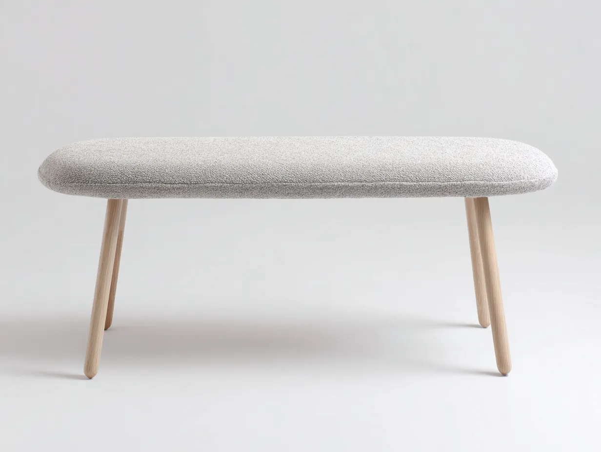 Bank Bouclé 150x42x45 cm - hellgrau mit Holzbeinen - rund gepolstert für Schlafzimmer