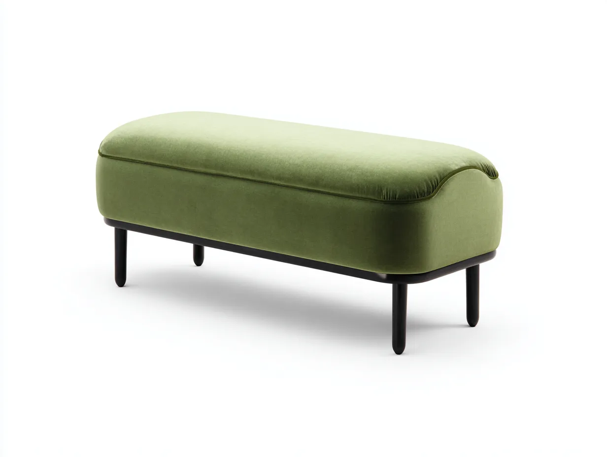 Bank Samt 138x43x46 cm - olivgrün mit schwarzem Metallgestell - Stauraum für Schlafzimmer