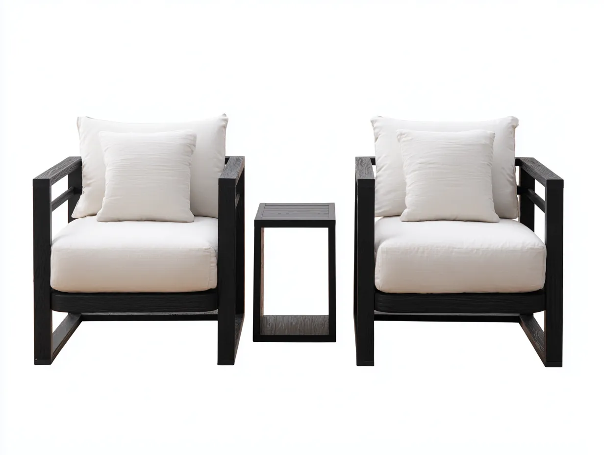 Tisch- und Stuhlset Holz 2 breite Sessel 55x55x44 cm - Schwarz und Weiß - Outdoor-Sitzgruppe