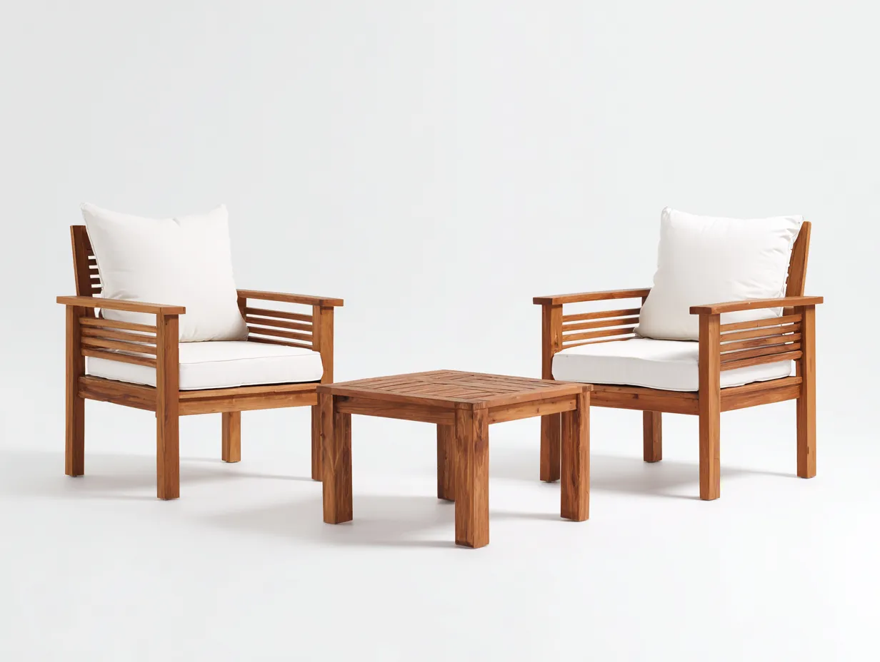 Tisch- und Stuhlset Holz 2 Loungesessel 80x80x43 cm - Braun und Weiß - Gartenset