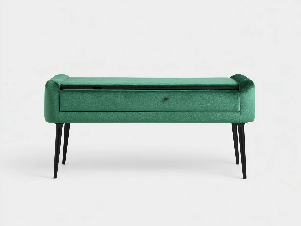 Bank Samt 125x41x48 cm - grün mit Stauraum - Schlafzimmerbank mit Rollenenden