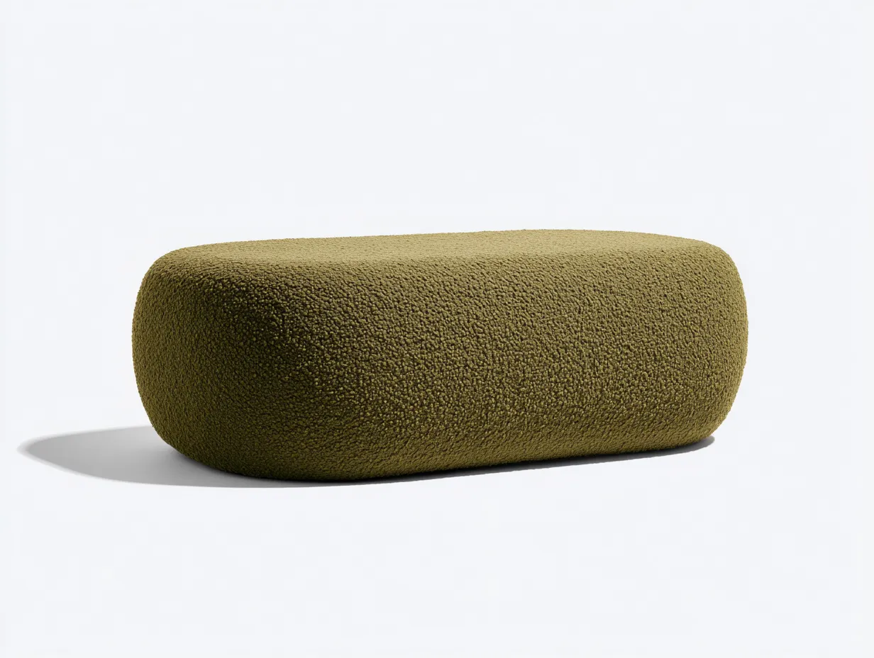 Bank Bouclé 118x45x42 cm - olivgrün - runde Polsterform für Schlafzimmer