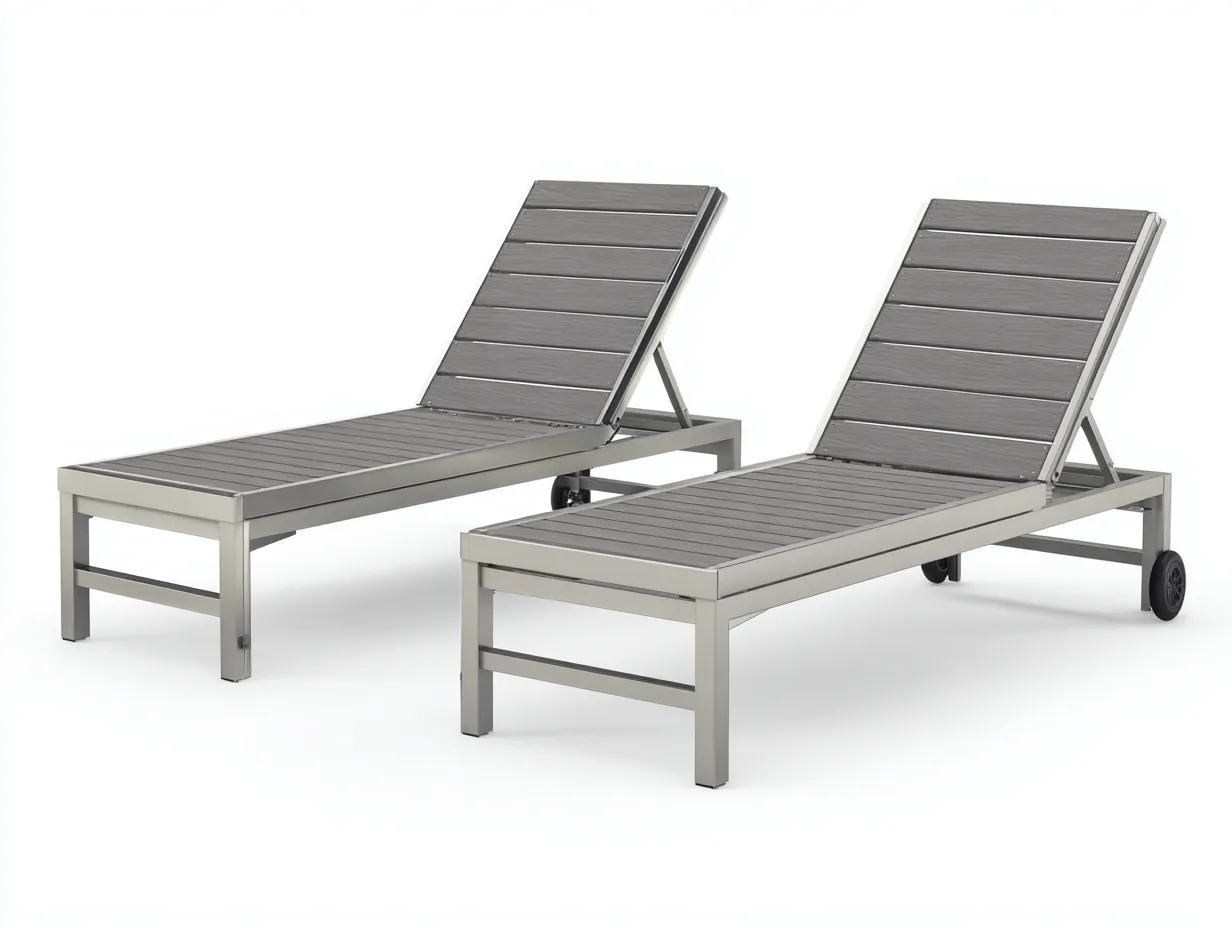 Liegestuhl 2 Stück aus Metall mit Lamellenfläche 200 x 67 x 85 cm - grau und silber - mit Rollen für außen