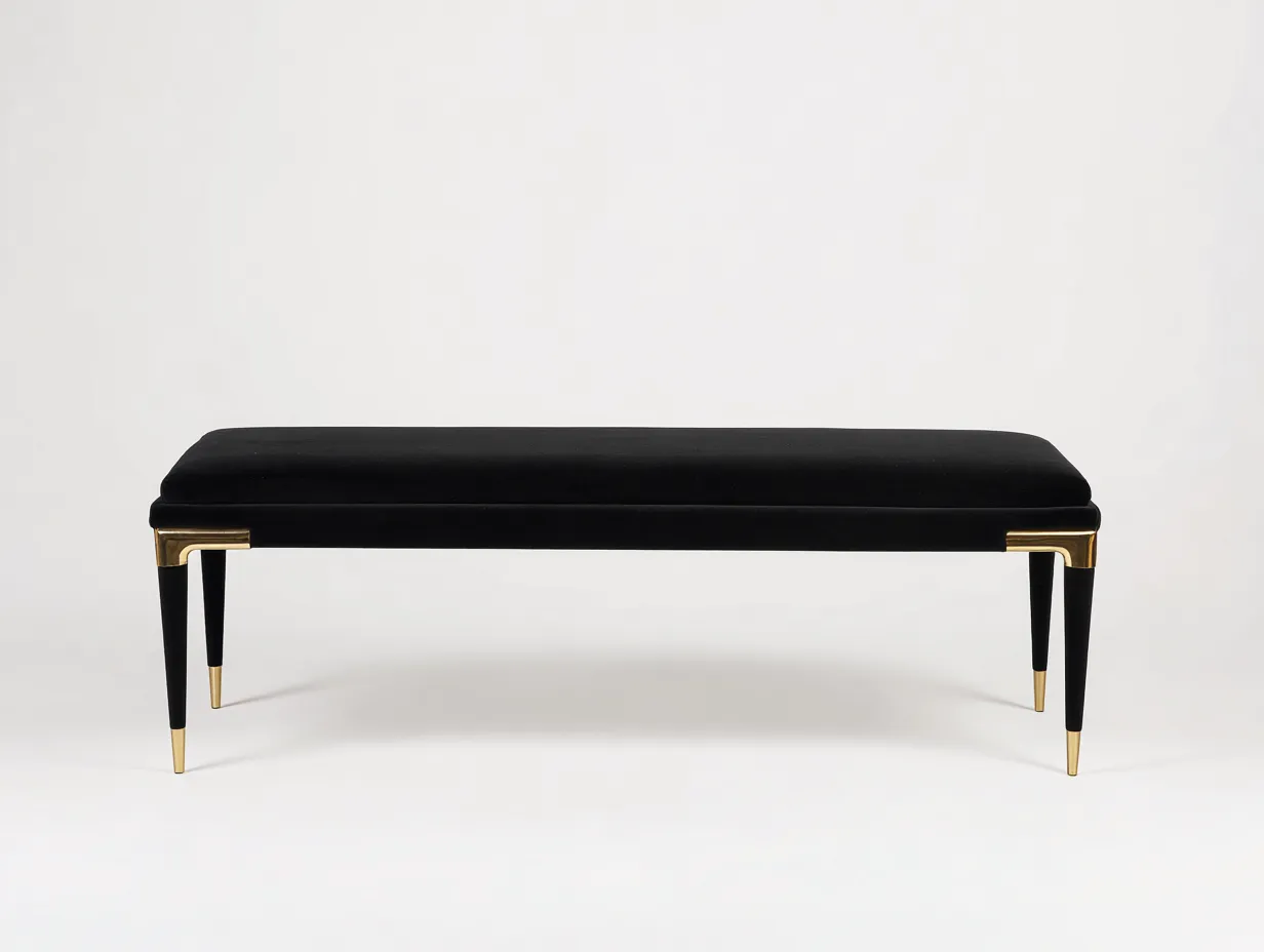 Bank Samt 125x40x46 cm - schwarz mit Messingdetails - elegante Schlafzimmerbank