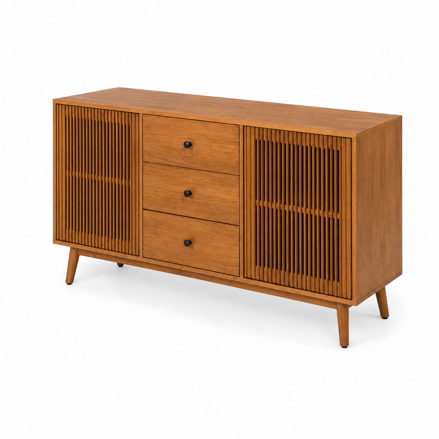 Holz Sideboard mit Lamellentüren und Schubladen, Braun