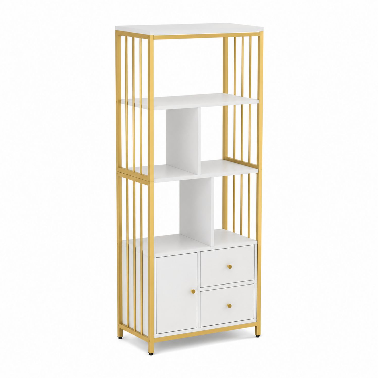 Regal aus MDF Weiß/Gold mit Fächern und Schubladen 180x60x30 cm
