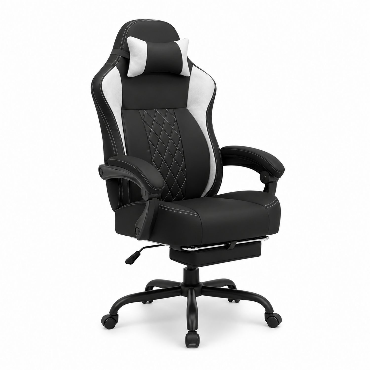 Ergonomischer Bürostuhl PU-Leder Schwarz/Weiß mit Kopfstütze und Armlehnen