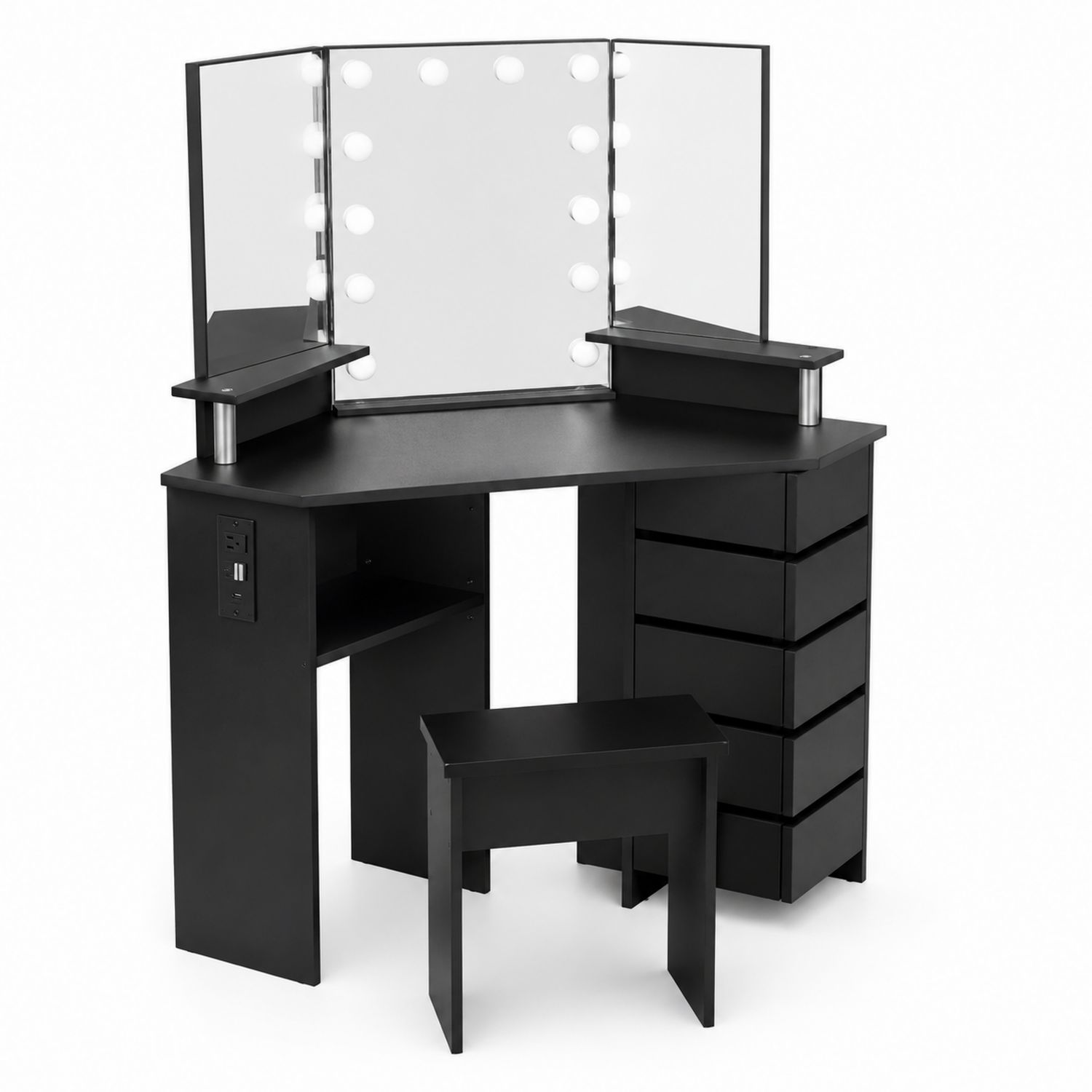Eck-Schminktisch mit Spiegel und LED, MDF, Schwarz