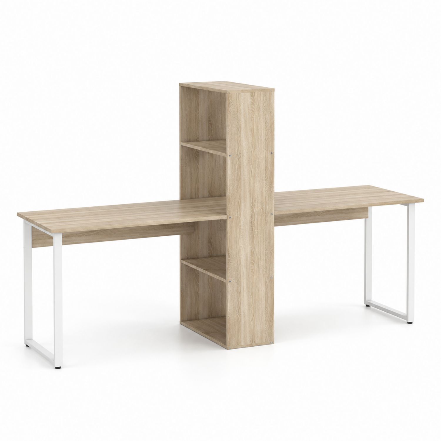 Doppelseitiger Schreibtisch mit Regal aus Holzspanplatte und Metall, Eiche/Weiß