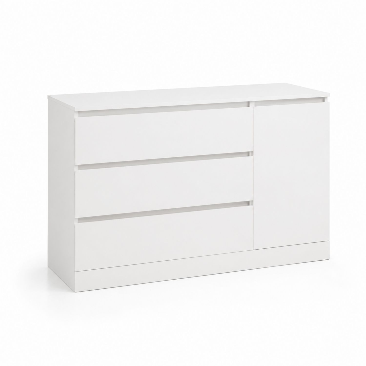 Weiße Kommode mit 3 Schubladen und 1 Tür aus MDF