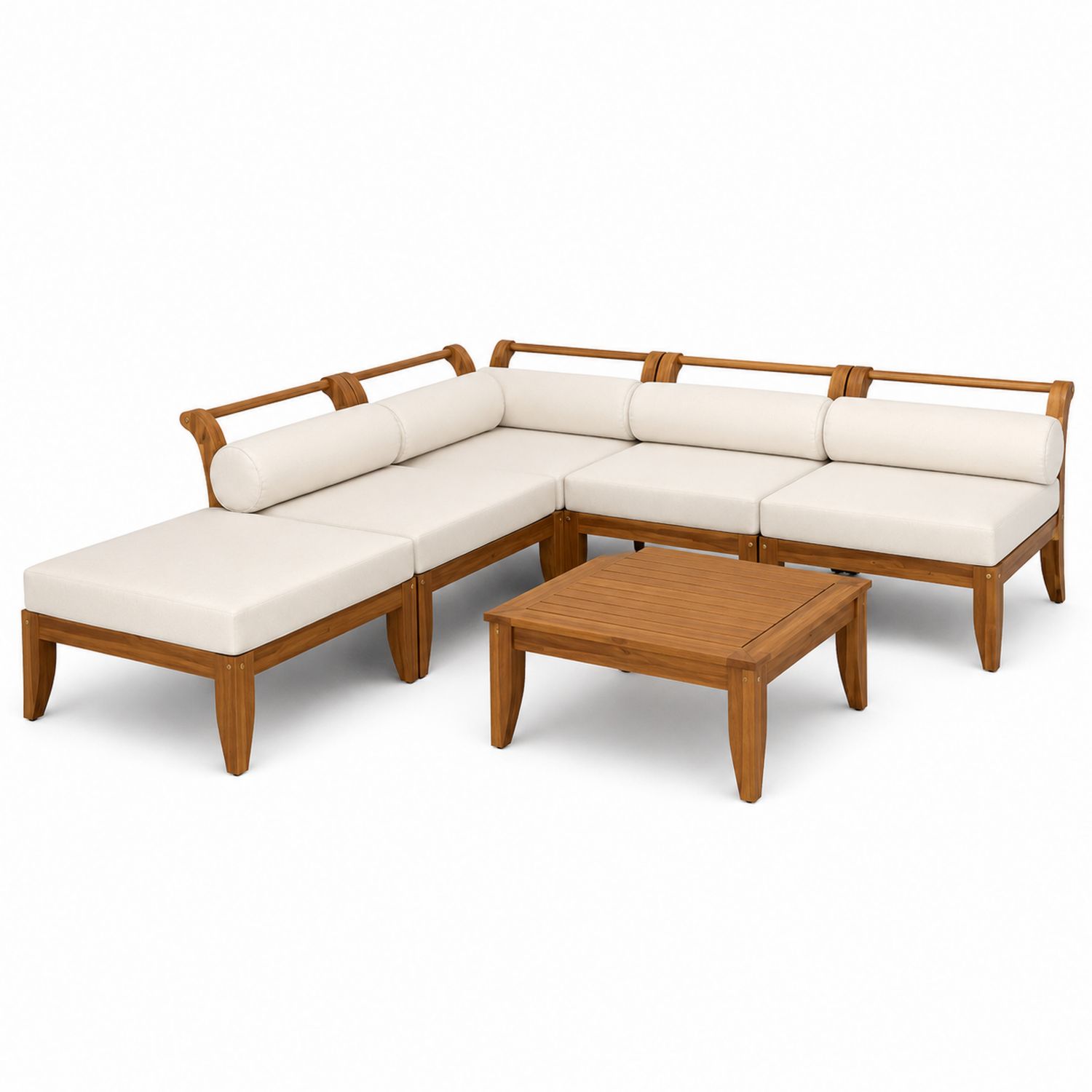 Ecksofa Set aus Akazienholz mit Polyesterkissen Creme 4-teilig