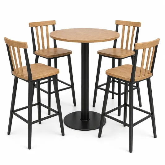 Essgruppe mit Rundtisch und 4 Barhocker aus MDF und Metall, Natur/Schwarz-furnivoria