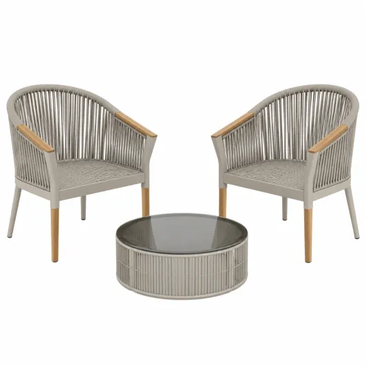 Gartenmöbel Set mit 2 Stühlen aus Polypropylen und Aluminium, Tisch mit gehärtetem Glas, Beige-furnivoria