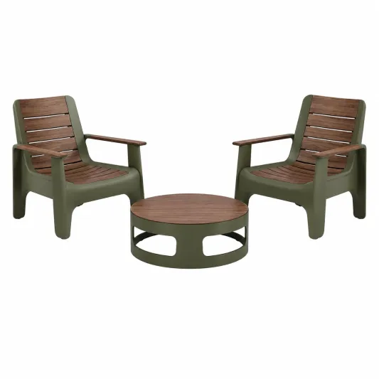 Gartenset Kunststoff-Loungestühle Holzoptik Olivgrün/Braun-furnivoria