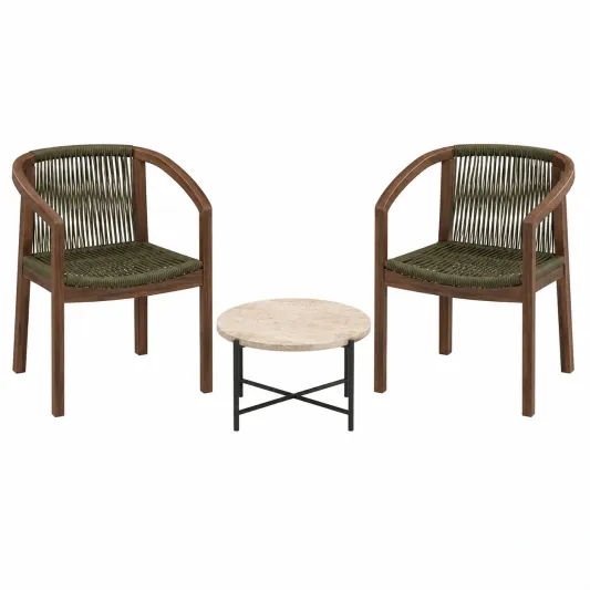 Outdoor Sitzgruppe mit 2 Stühlen und Beistelltisch, Polyesterseil, Akazienholz, Oliv/Beige-furnivoria