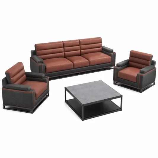 Wohnzimmer-Sofa-Set mit Kunstleder und Polyestergewebe in Braun und Grau-furnivoria