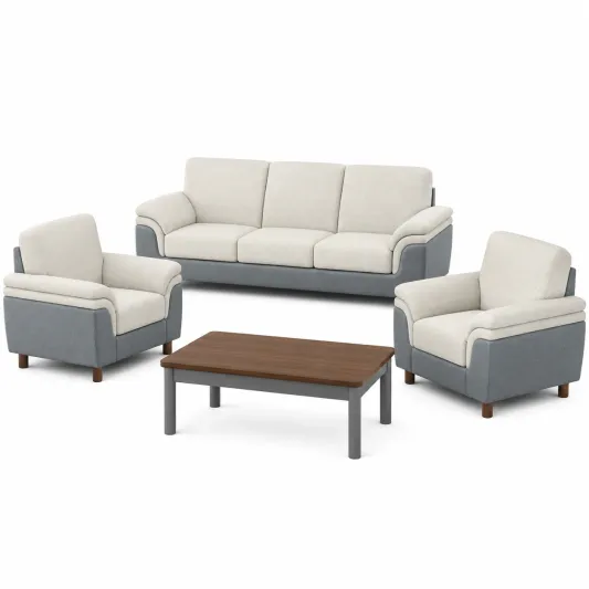 3-teiliges Sofagarnitur Set aus Stoff und Holz in Beige/Grau-furnivoria
