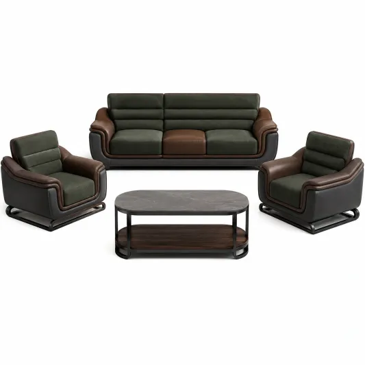 Stoff- und Leder-Sofagarnitur 3-teilig in Grün/Braun mit Tisch-furnivoria