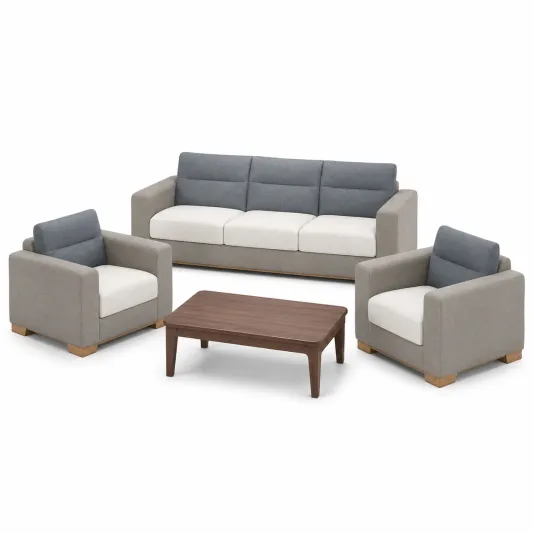 Holz Sofa-Set aus 3-Sitzer, zwei Sesseln und Couchtisch in Grau und Beige Stoff-furnivoria